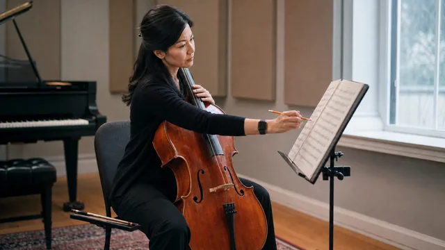 Cellist practicing a difficult passage beside a music stand in a quiet room