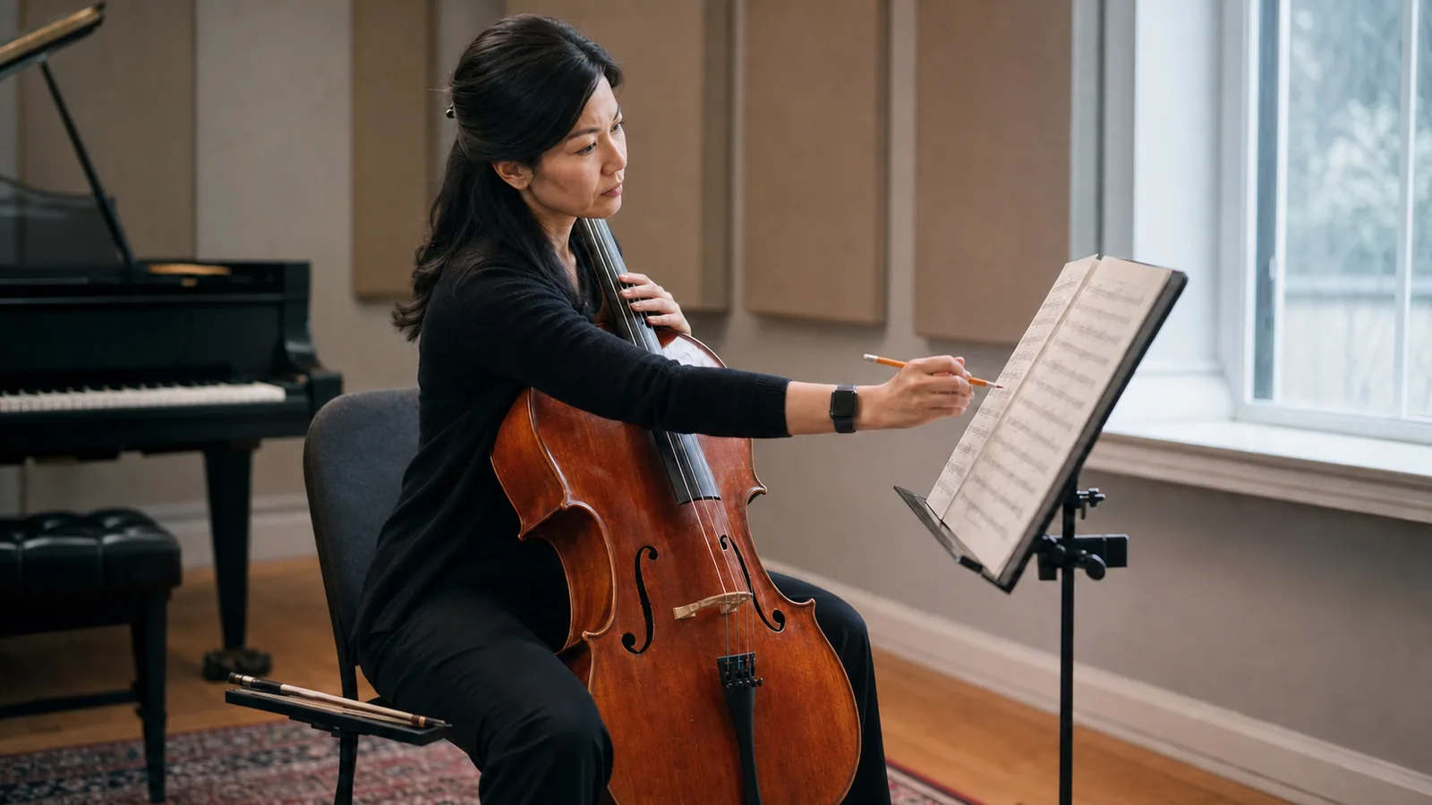 Cellist practicing a difficult passage beside a music stand in a quiet room