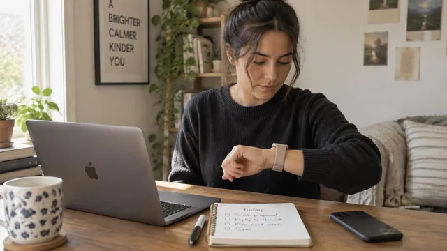Person at a home desk checking a smartwatch with their phone placed face down out of reach