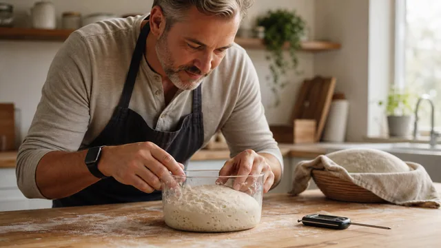Baker checking risen bread dough beside a digital thermometer in a warm home kitchen