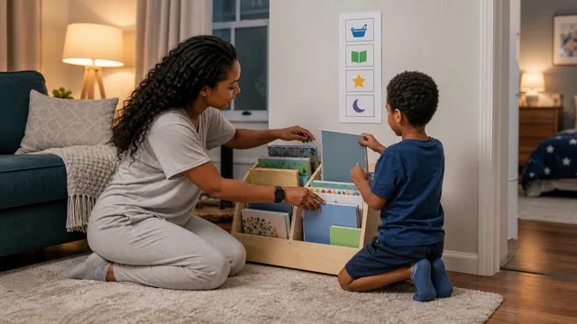 Parent and young child calmly putting books away together before bedtime