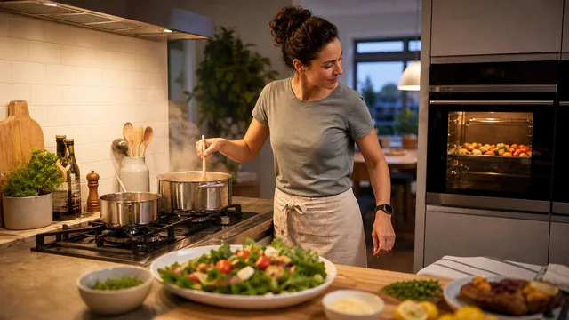 Home cook coordinating vegetables, pasta, and a roasting dish in a bright active kitchen