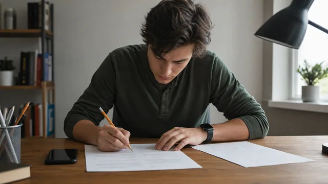 Student completing a timed practice test at home with a closed phone and smartwatch beside the paper
