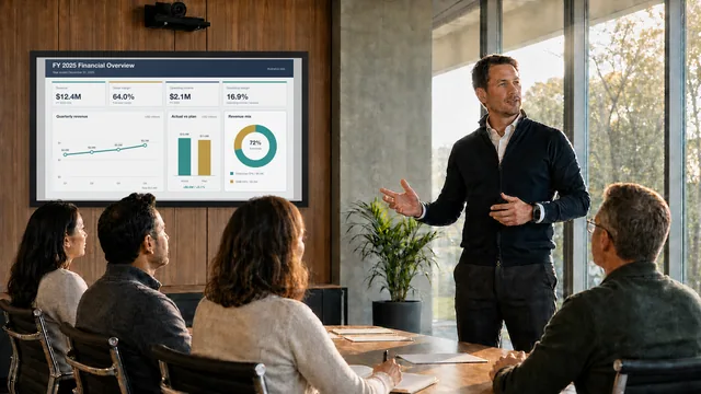 Presenter explaining a quarterly financial dashboard to seated colleagues while wearing a smartwatch