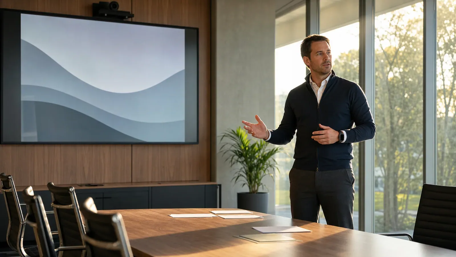 Professional rehearsing a presentation in an empty meeting room with a smartwatch timing cue