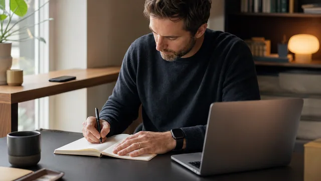 Knowledge worker writing in a notebook at a calm desk with a smartwatch nearby
