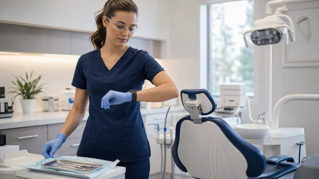 Dental hygienist preparing an exam room while checking a smartwatch discreetly