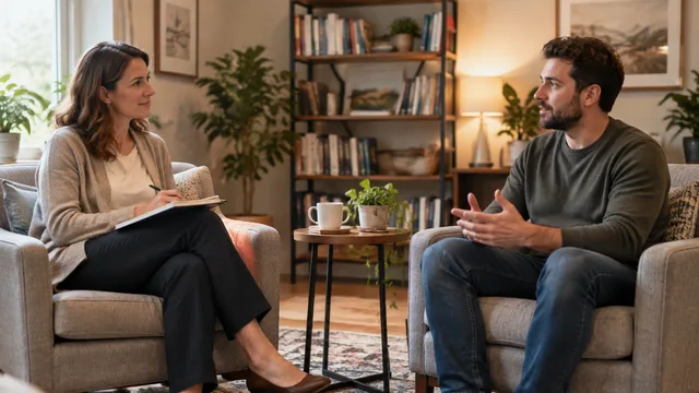 Therapist listening attentively in a calm counseling office with a smartwatch on one wrist