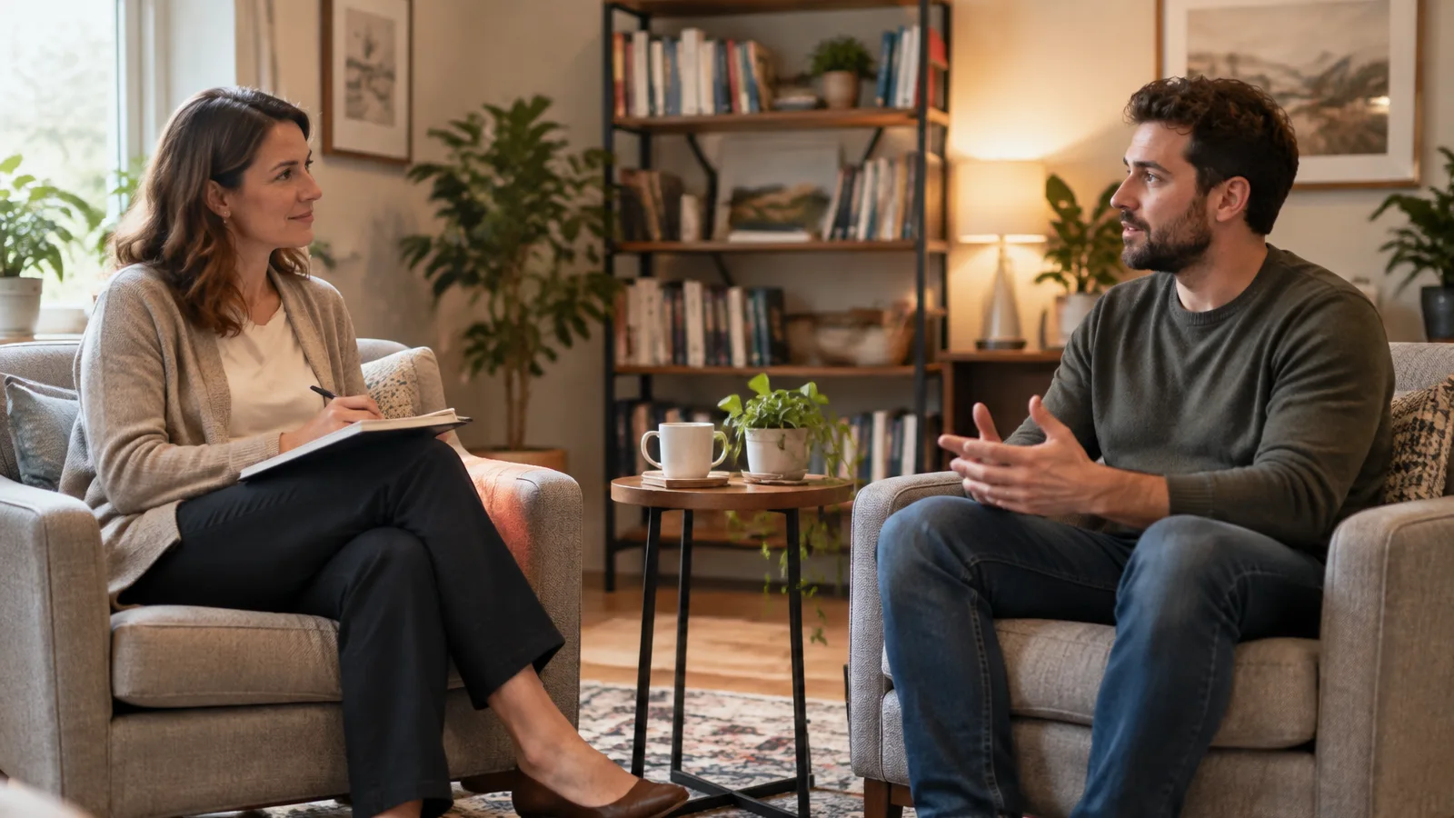 Therapist listening attentively in a calm counseling office with a smartwatch on one wrist