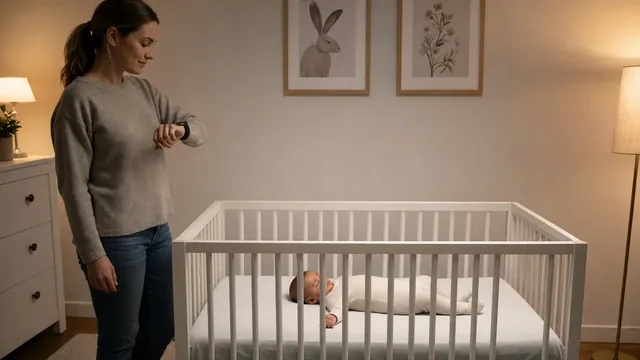 Parent checking a smartwatch beside a sleeping baby positioned on their back in an empty crib