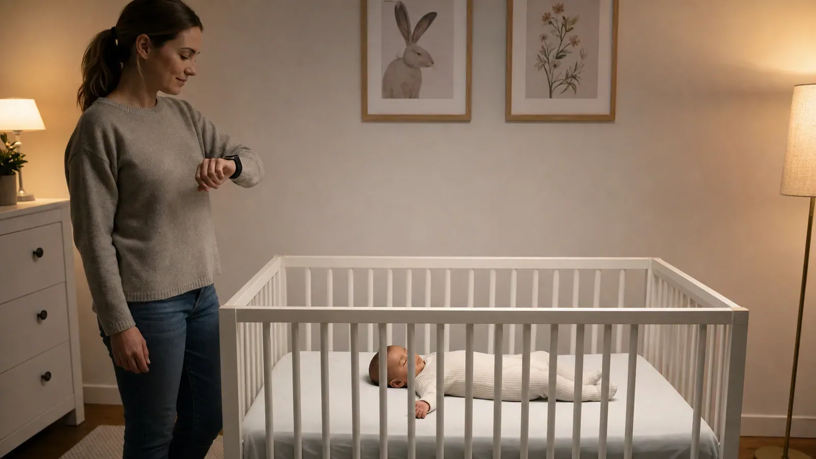 Parent checking a smartwatch beside a sleeping baby positioned on their back in an empty crib