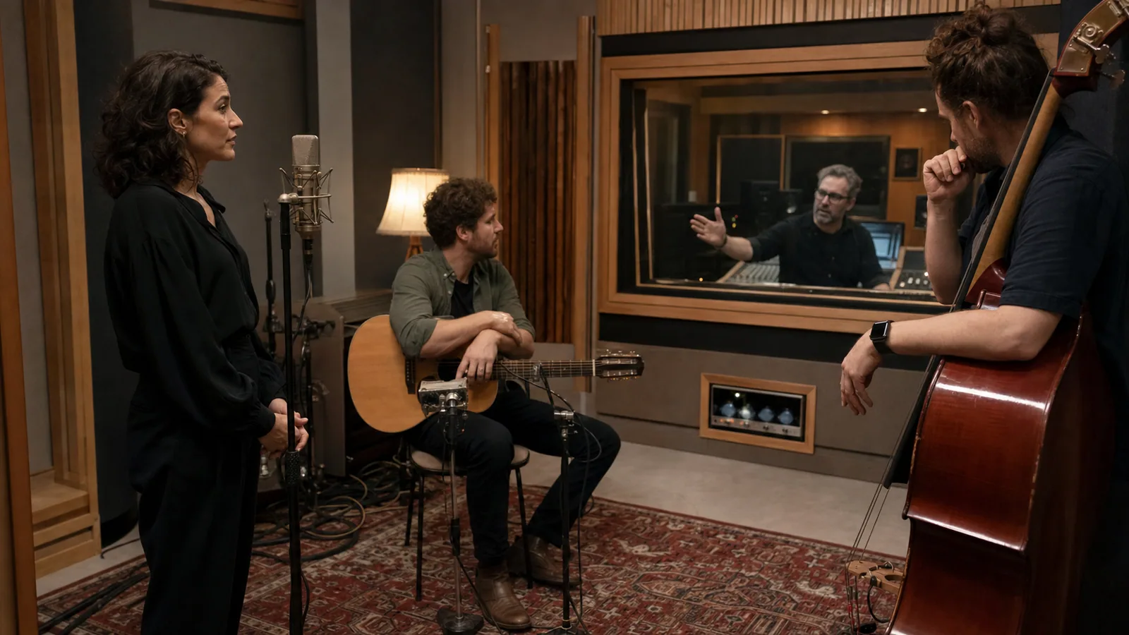 Small ensemble pausing between takes in a professional recording studio