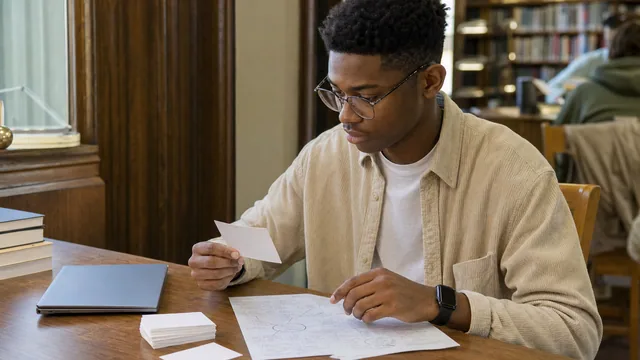University student reviewing flash cards and handwritten questions during a focused study block