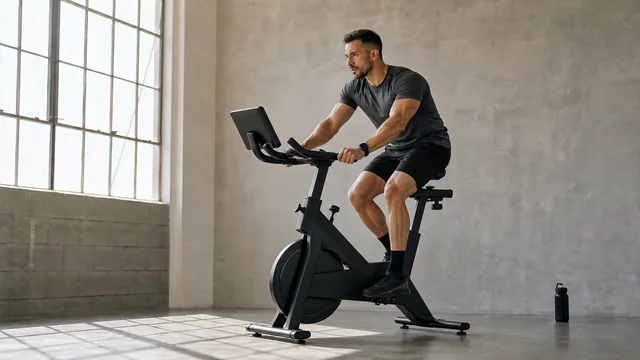Stationary cyclist pushing through a short high-intensity interval in a training studio