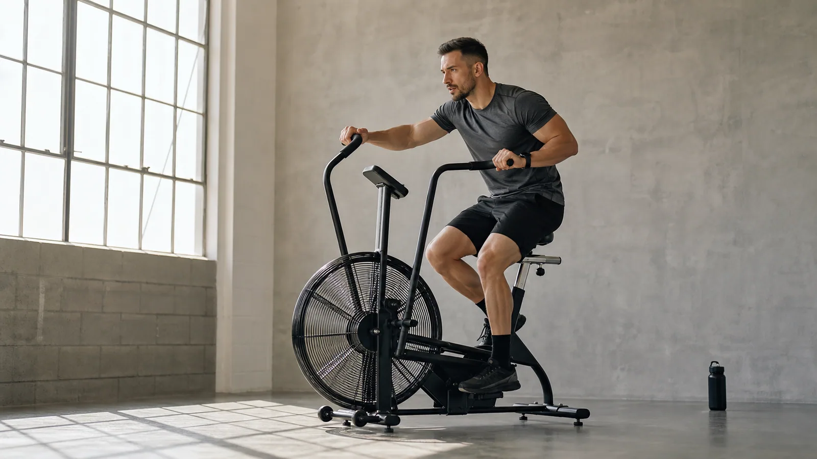Stationary cyclist pushing through a short high-intensity interval in a training studio