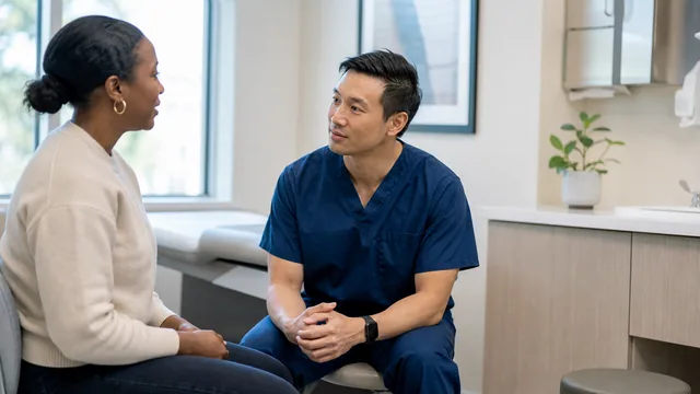Clinician speaking with a patient in a bright consultation room while wearing a smartwatch