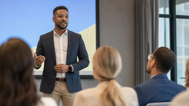Conference speaker addressing an audience with relaxed eye contact and a smartwatch on one wrist