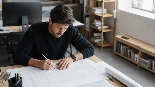 Designer concentrating on paper plans at a quiet studio desk with phone placed out of reach